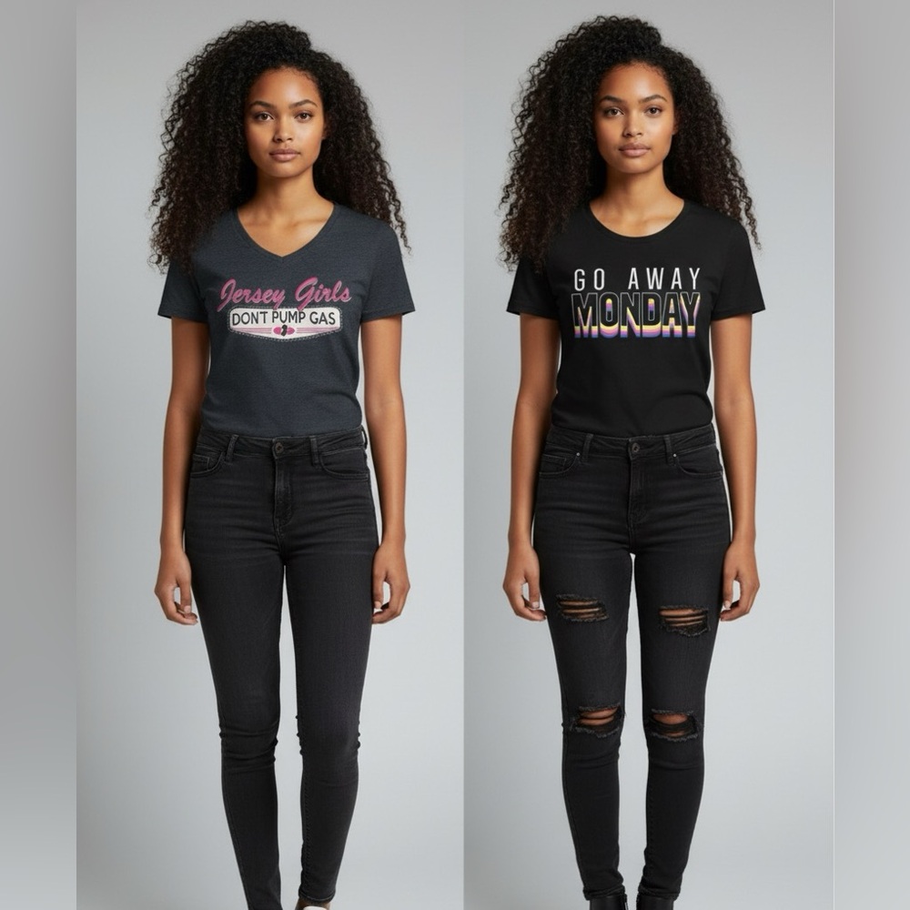 Bundle of 2 Graphic Tees—Go Away Monday +Jersey Girls Don’t Pump Gas’ (Size M)